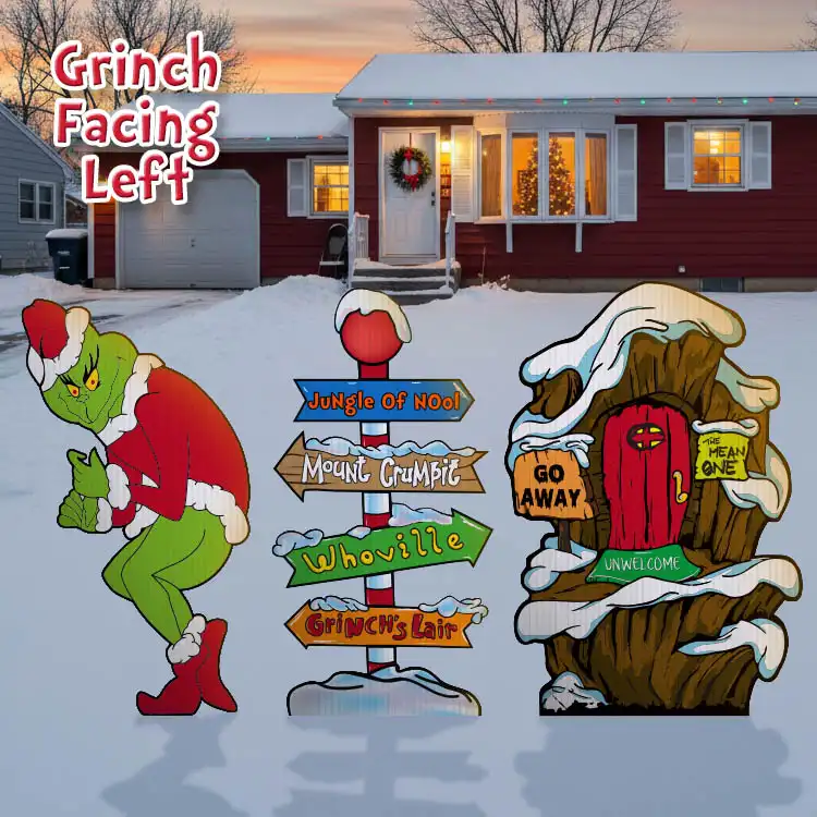 Grinch Stealing Christmas Lights, Lair & Whoville Directional Pole