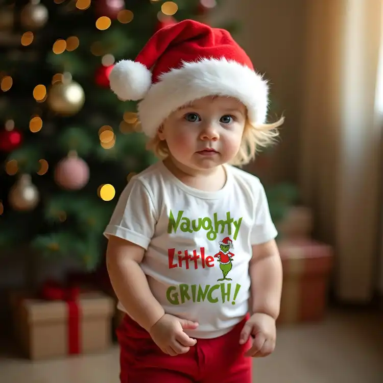 Naughty Little Grinch Toddler Cotton T-Shirt - Short Sleeve Naughty Little Grinch Toddler Cotton T-Shirt - Short Sleeve