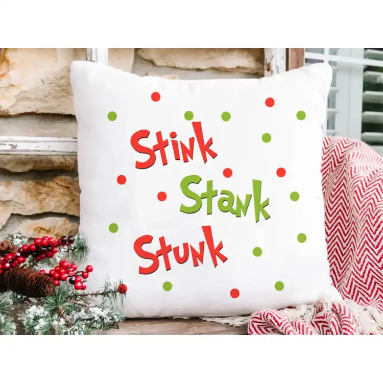 Grinch Stink Stank Stunk Pillow Cover with Hidden Zipper - White Polyester Linen - 18x18 In Grinch Stink Stank Stunk Pillow Cover with Hidden Zipper - White Polyester Linen - 18x18 In
